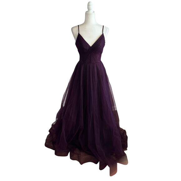 La Femme Corset Sheer Bodice Tulle Maxi Gown NEW Dark Berry Purple Size 2 - Picture 3 of 13